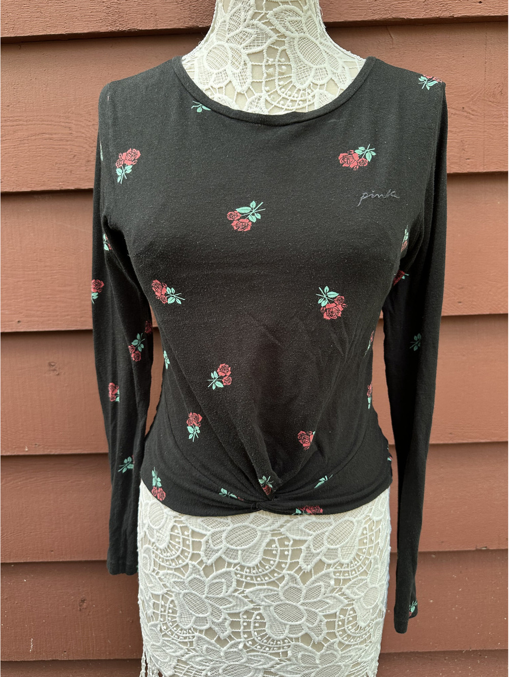 Victoria's Secret PINK Black Floral‎ Twist Front Long Sleeve Top
